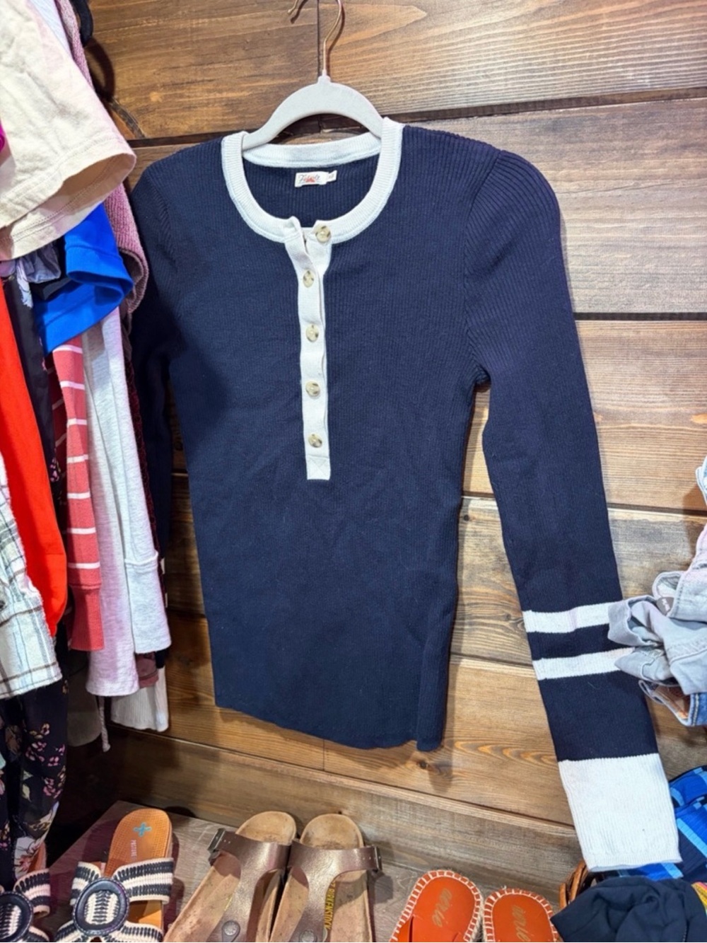 Faherty Mikki Henley Sweater S Navy Blue Ribbed Organic Cotton Cashmere Coastal - Picture 6 of 9